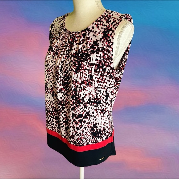 NWOT Calvin Klein ‘Sleeveless Pleat Neck Abstract Print Knit Top’ in Red Multi L - Picture 5 of 10